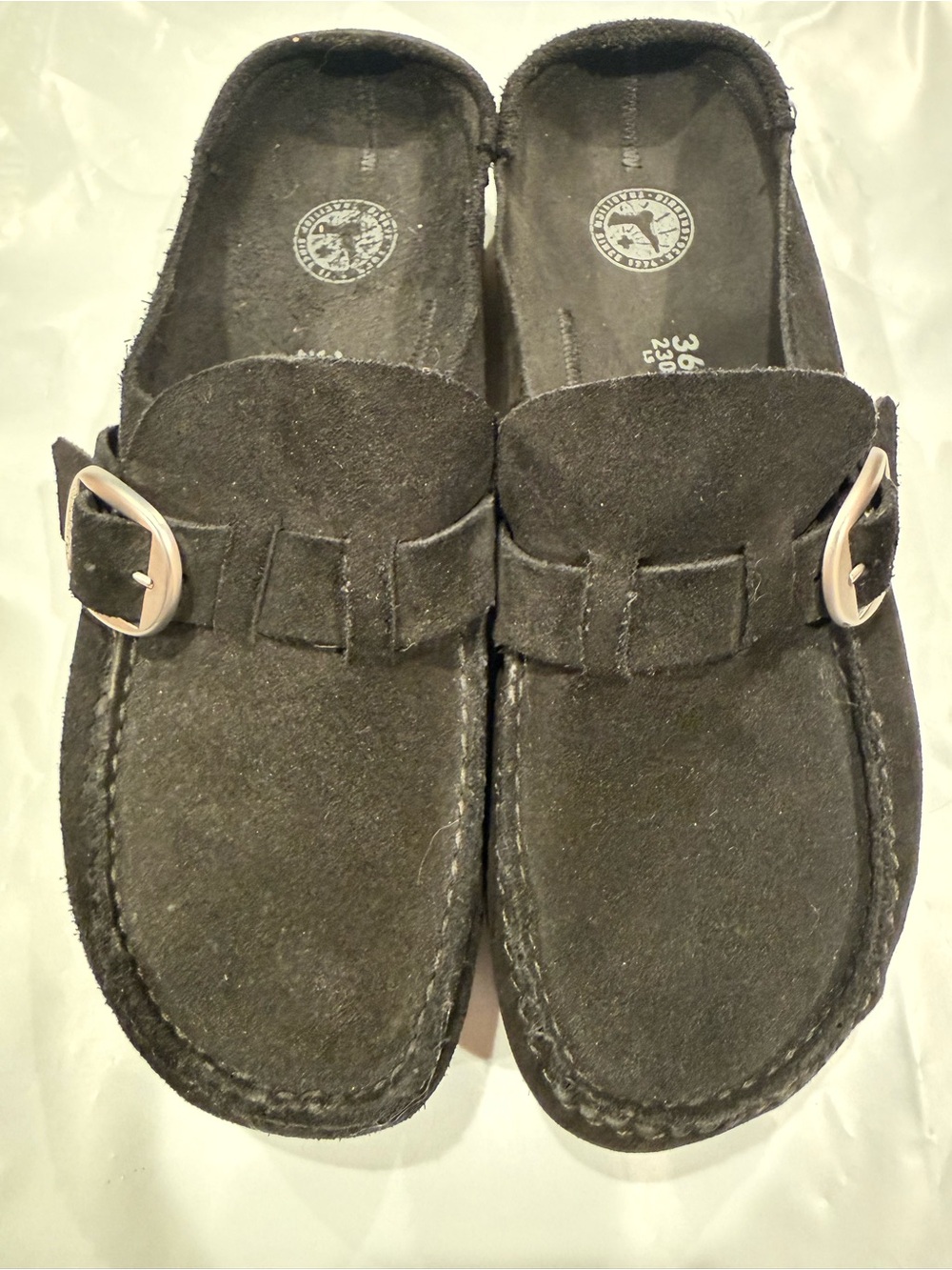 Birkenstock Buckley Black Suede Mule Clogs with Buckle